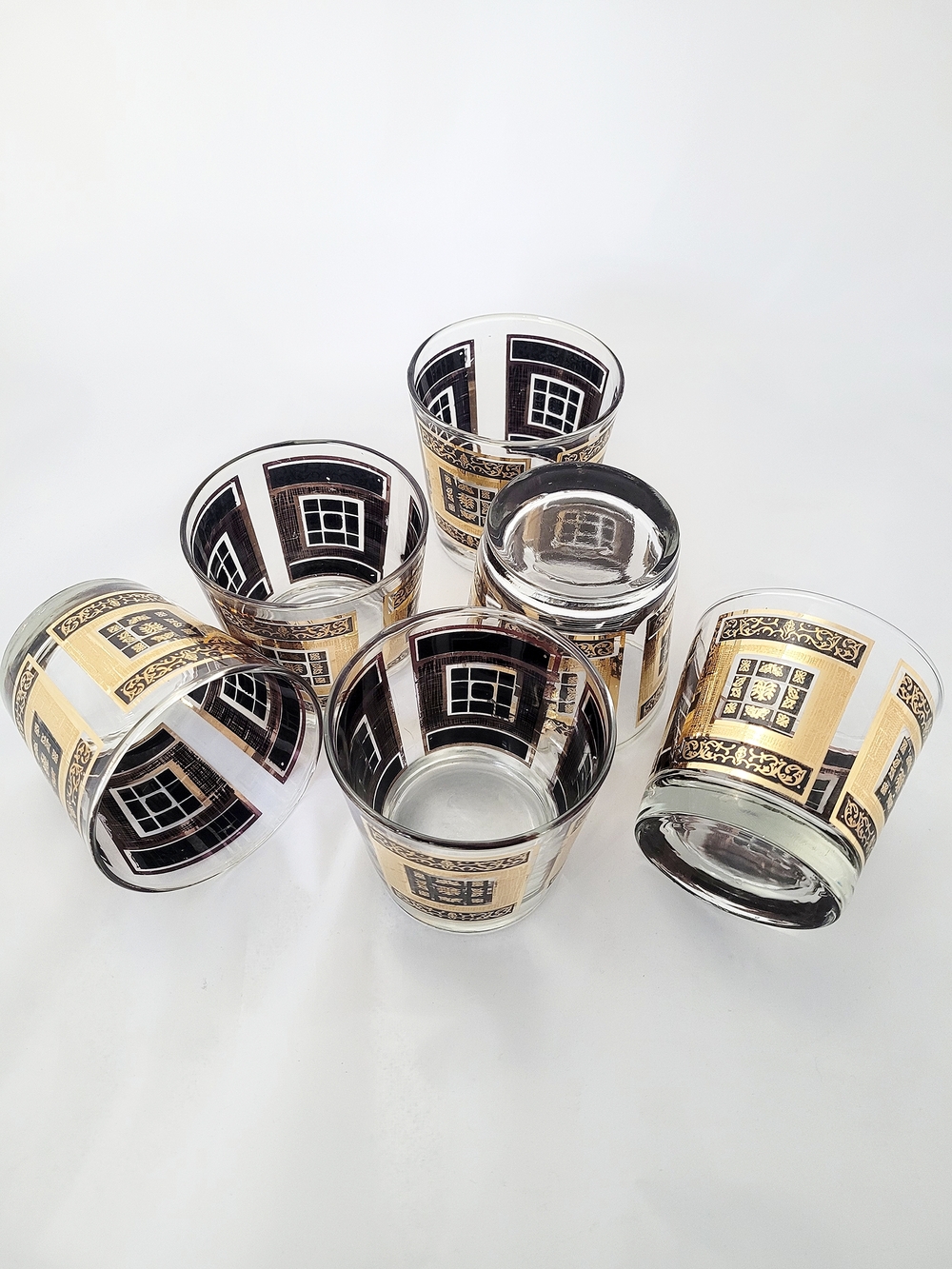 Vintage Libbey Gold and Black Window Pattern MCM Rocks Glasses - Set of 6
